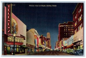 Dallas Texas TX Postcard Theatre Row At Night Business Section c1940's Cars