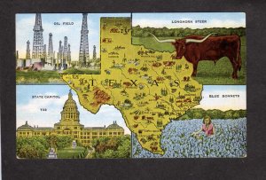 TX Texas State Map Postcard Oil Field Steer Lubbock Dallas Austin El Paso