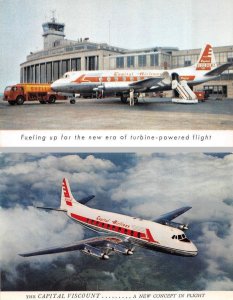 2~Postcards CAPITAL AIRLINES  Airport~Shell Fuel Truck &  VISCOUNT AIRPLANE