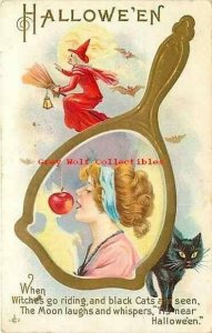 Halloween, Women in Mirror Biting apple on Stick, Witch, Stecher No. 248 E