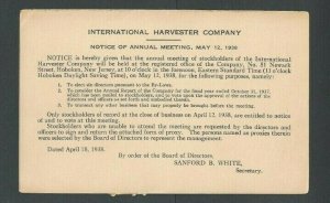 1938 Chicago IL International Harvester Co Sends Notice Of Annual Stockholders--