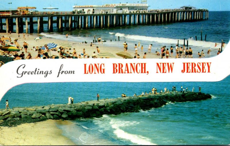 New Jersey Greetings From Long Beach Showing Fishing Pier and Stone Jetty