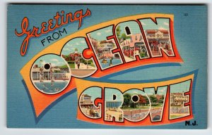 Greetings From Ocean Grove New Jersey Linen Large Letter Postcard Beach Unused