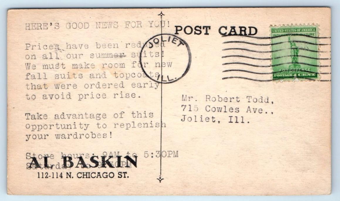 Al Baskin clothing store promotional postcard circa 1940s - back