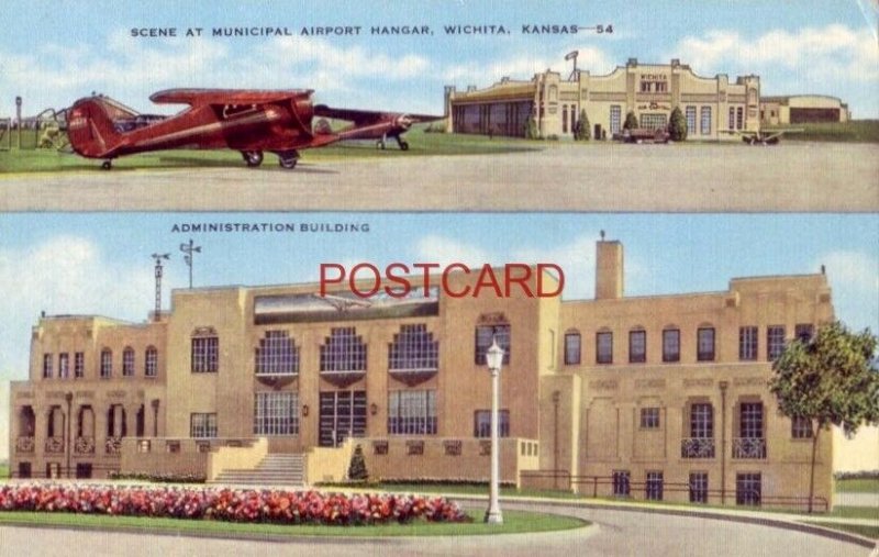 SCENE AT MUNICIPAL AIRPORT HANGAR AND ADMINISTRATION BUILDING, WICHITA, KS. 