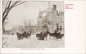 Greetings from Montreal Quebec Sherbrooke Street Winter Scene Horses Postcard G8