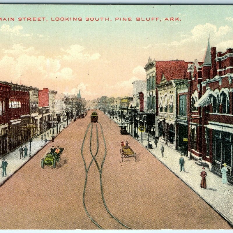 1910s Pine Bluff, Ark. Main St. Postcard Birds-Eye Downtown Street Trolley A24