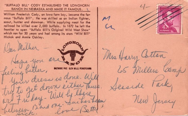 CONTINENTAL SIZE POSTCARD BUFFALO BILL CODY ESTABLISHED THE LONGHORN RANCH