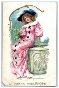 New Year Postcard Pretty Woman Big Hat With Mistletoe Embossed Tuck's 1908