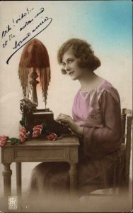 Typewriter Beautiful Woman Desk Lamp Glamour Tinted c1920 Real Photo Postcard #1