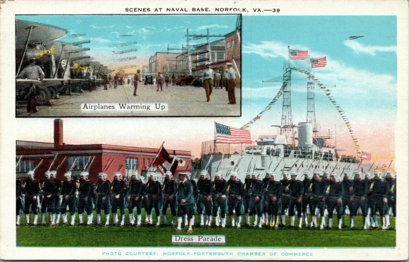 postcard VA  Scenes at Naval Base, Norfolk - Airplanes Warming Up - Dress Parade