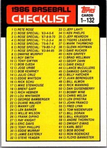 1986 Topps Baseball Card 1986 Checklist #1-132 sk10649