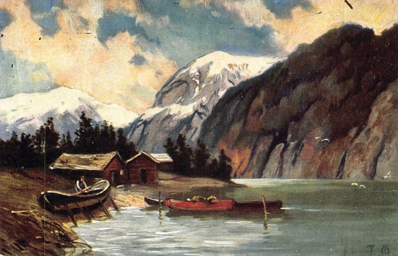 Boat at Shore Canoe Lodges of Wood Cliffs Lake Art by Bayerlein vintage postcard