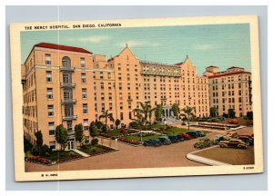 Vintage 1940's Postcard Antique Autos Parked Mercy Hospital San Diego California
