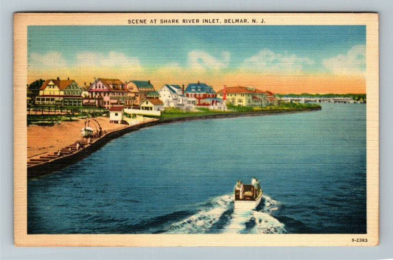 Belmar, NJ-New Jersey, Shark River, Boat, Houses, Vintage Linen c1941 Postcard 