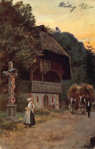 A095 Painting 1910 Woman praying at cross hay cart signed H Hoffman postcard