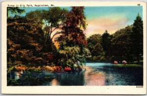 Scene in City Park Hagerstown Maryland Trees Lake Picturesque View Postcard