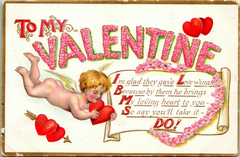 Vtg Postcard c. 1908 Victorian Embossed Valentine Card w Cupid & Poem