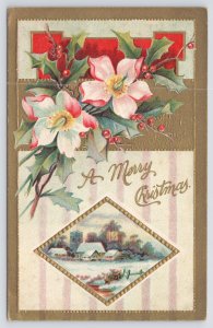 Christmas~White Pink Dog Roses~Holly~Over Snowy Town In Diamond~Gold~Emb~Vtg PC