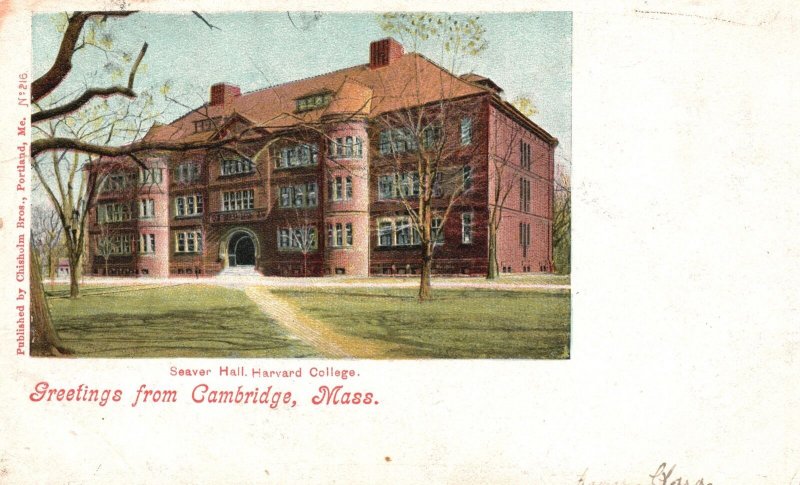 Vintage Postcard 1905 Seaver Hall Harvard College Greetings From Cambridge Mass.