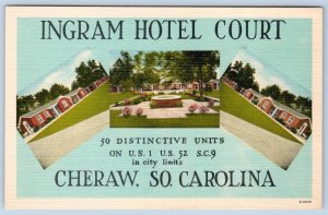 1940-50's INGRAM HOTEL COURT CHERAW SOUTH CAROLINA SC VINTAGE LINEN POSTCARD