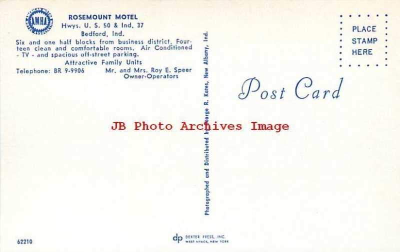 IN, Bedford, Indiana, Rosemount Motel, Exterior View, Dexter Press No 62210 