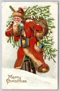 Christmas~Old Style Santa in Long Robe~Lantern Candle Belt~Snowy Tree~Gold Leaf