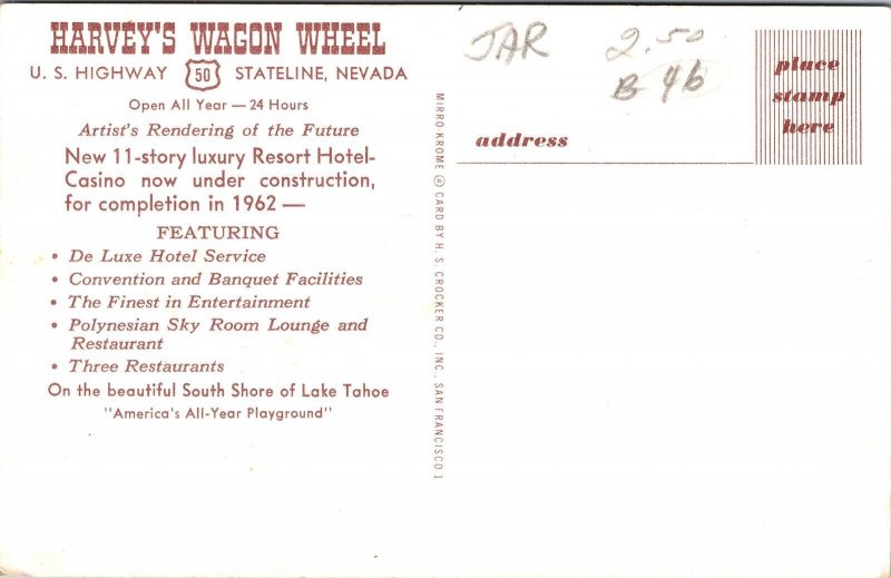 Harvey’s Wagon Wheel Saloon Gambling Hall Old Cars Mountains Trees Postcard UNP 