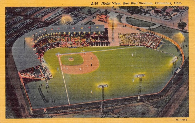 J74/ Baseball Stadium Sports Postcard Linen Columbus Red Bird Night 182