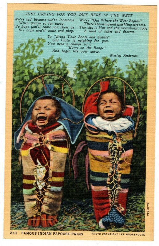 Vintage Curteich Linen Postcard Famous Indian Papoose Twins 7A-H1564
