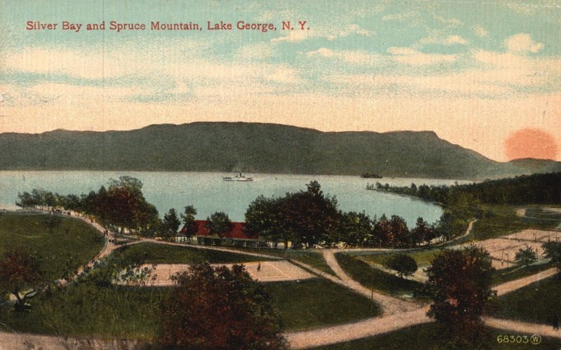 Vintage Postcard Silver Bay & Spruce Mountain Lake George New York Valentine Pub