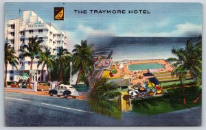 Miami Beach~Traymore Hotel Pool & Cabana~Black & White Taxicab~Linen Postcard