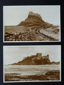 Northumberland 2 x BAMBURGH CASTLE & LINDISFARNE c1930s RP Postcard by Valentine