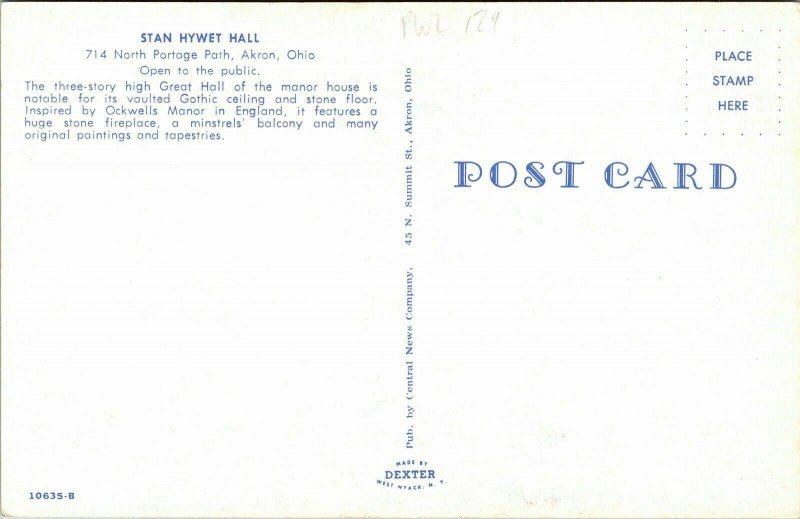 Stan Hywet Hall Portage Path Akron Ohio Great Hall Manor House Vintage Postcard 