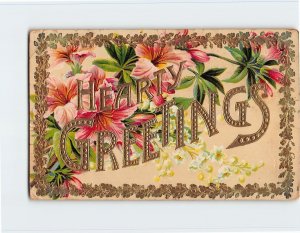 Postcard Hearty Greetings with Flowers Embossed Art Print