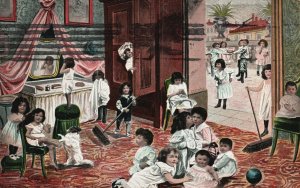 Vintage Postcard Children's Home Orphanage Kids Doing Chores And Playing Around