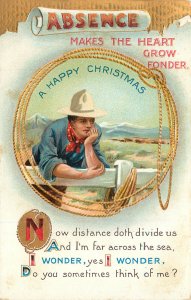 BB London Postcard E 57 Absence Makes The Heart Grow Fonder Christmas Cowboy