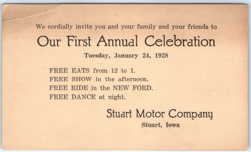 1928 Stuart, IA Motor Company 1st Celebration Invite Postcard Ford Car Ride A71