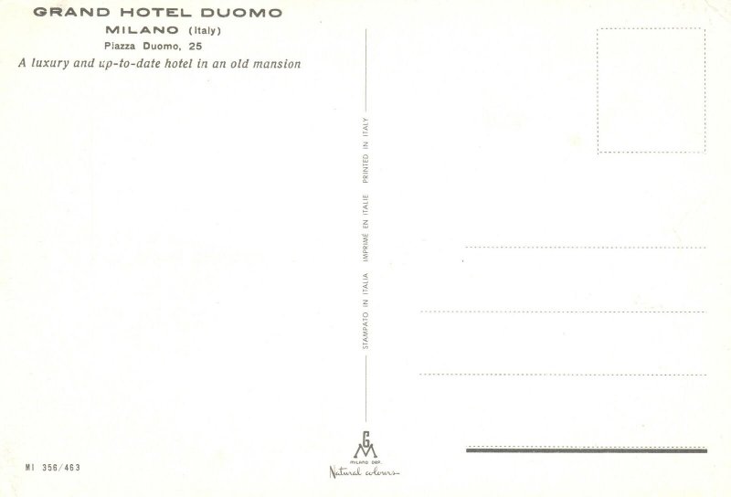 Vintage Postcard Grand Hotel Duomo Old Mansion Luxury Hotel Milano Italy