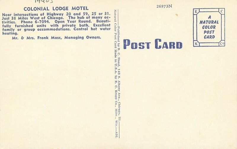 Colonial Lodge Motel roadside Elgin Illinois Shaul Kropp Postcard linen 21-28