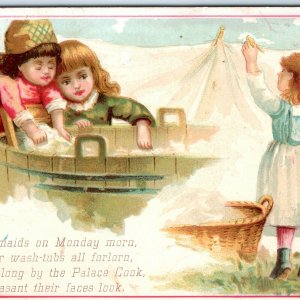 c1880s Cute Little Girl Homemaker Wash Maid Washtub Litho Trade Card Clothes C30