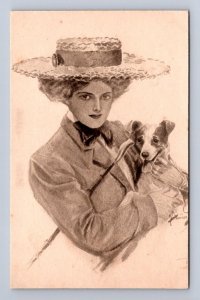 TO WALK DOG GLAMOUR ARTIST SIGNED HARRISON FISHER POSTCARD E. K. SERIES NO. 5 ?