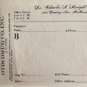 Charles Knight Otis Drug Co Script Slip Rx Portland Maine Blank 1920s DWP4B