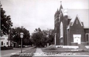 Real Photo Postcard Presbyterian and Methodist Churches in Sidney, Iowa