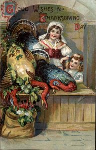 Thanksgiving Little Girls with Giant Dead Turkeys c1910 Vintage Postcard