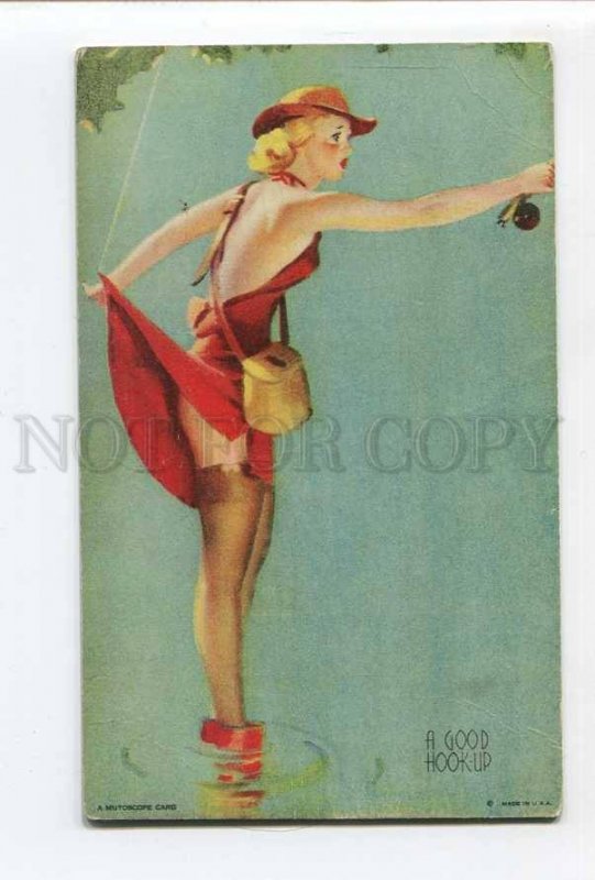 286295 MUTOSCOPE Pin-Up Girl FISHING Good Hook-Up vintage Card