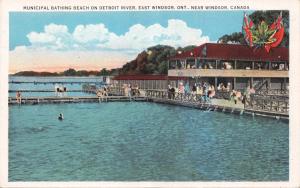 EAST WINDSOR ONTARIO CANADA~MUNICIPAL BATHING BEACH DETROIT RIVER POSTCARD 1920s