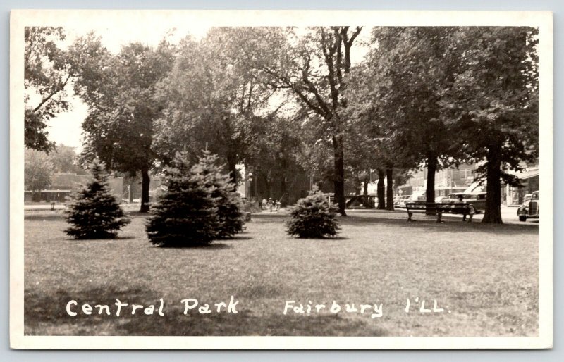 Fairbury Illinois~Central Park~Cars Line Square~Stores~1935 Ford~c1950 RPPC