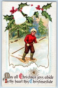 Christmas Postcard Boy Snowshoes Winter Scene Holly Berries Ringing Bells Nash
