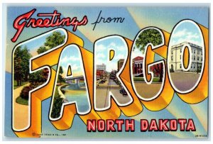 c1940's Greetings From Fargo Multiview North Dakota Unposted Vintage Postcard